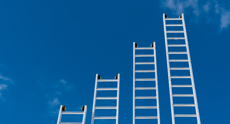 Multiple ladders of varying lengths stretching upwards toward the blue sky, symbolizing ambition, progress, and the pursuit of goals.